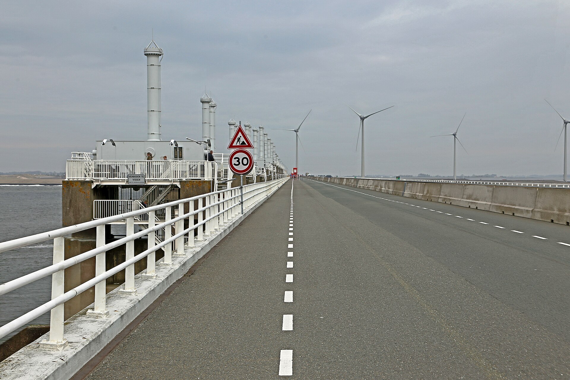 The Oosterscheldekering storm surge barrier, part of the Delta Works, spanning the Oosterschelde in Zeeland
